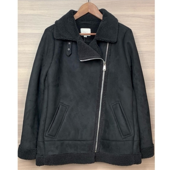 NWT LOFT Faux Suede Aviator Coat Color Black - Picture 3 of 5